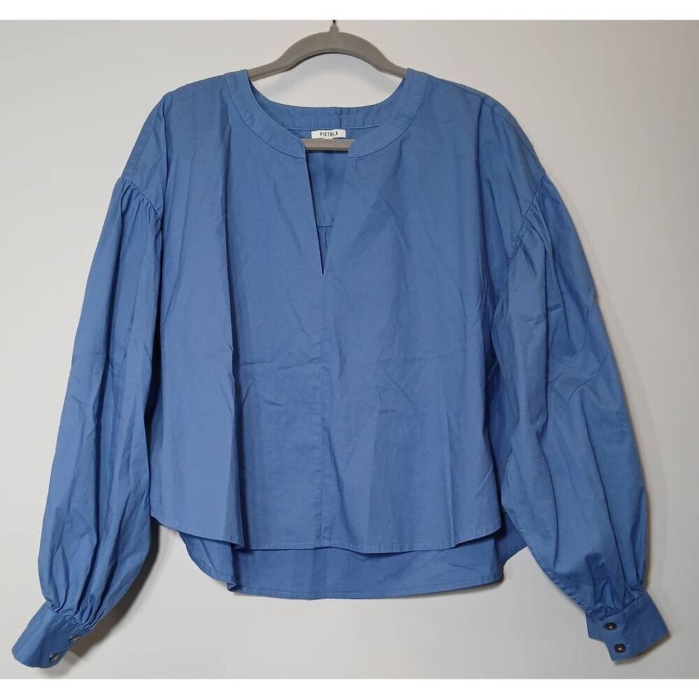 Pistola womens large boxy puffer sleeve top blue blouse peasant boho shirt